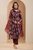 Dark Scarlet Color Crepe Alia-Cut Floral Printed Suit