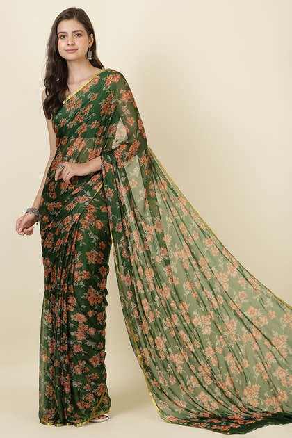 Green Zari Border & Floral Printed Chiffon Saree
