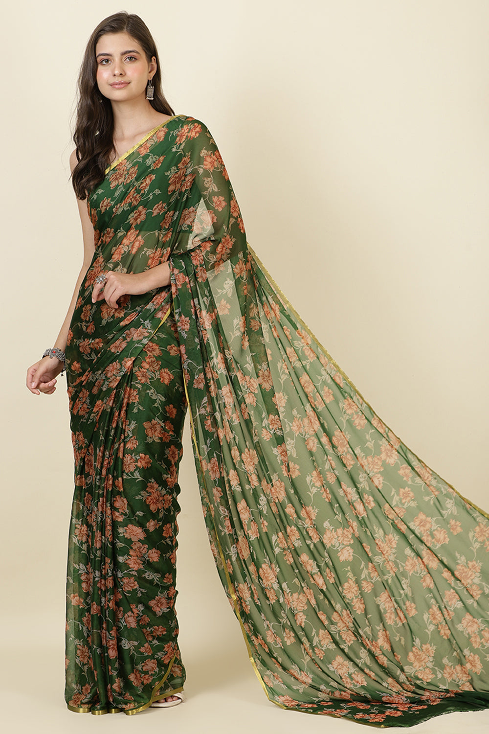 Green Zari Border & Floral Printed Chiffon Saree