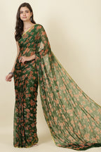 Green Zari Border & Floral Printed Chiffon Saree