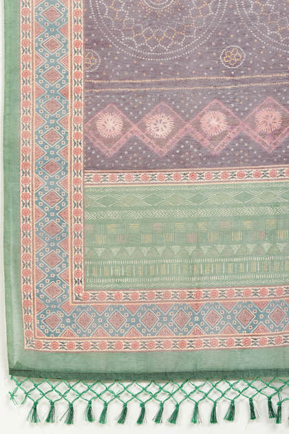 Dirty Purple Organza Cotton Bandhani Block Printed Saree