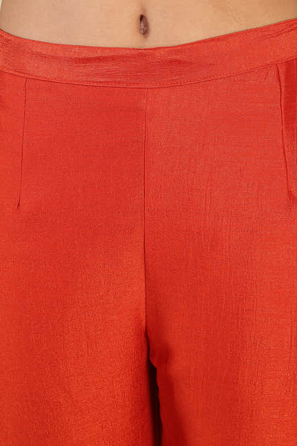 Rust Crepe Silk Neck Embroidered Suit