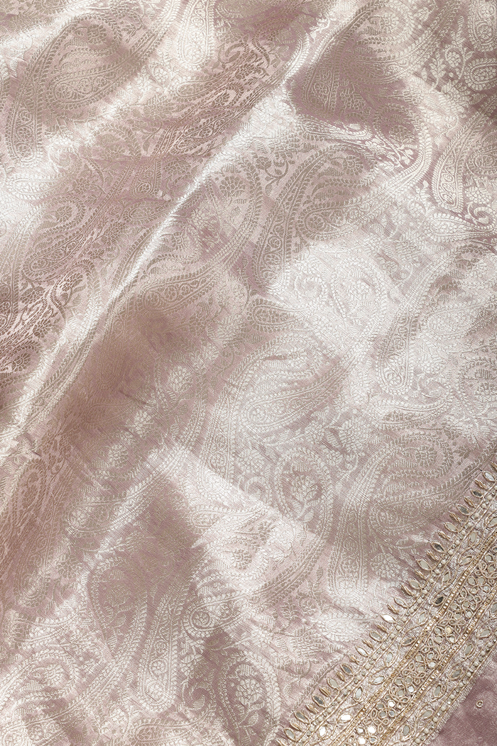Mauve Color Pure Tissue Handloom Zari Saree with Kundan & Zardozi Handwork