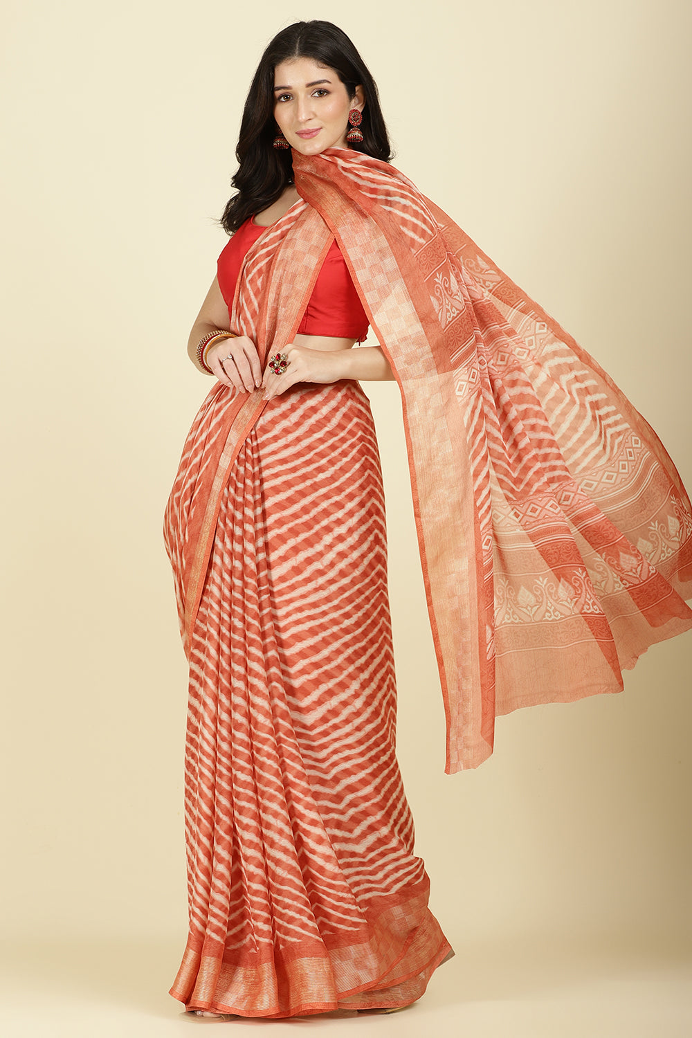 Orange Color Chiffon Leheriya Printed Saree
