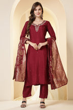 Maroon Color Silk Neck Embroidered Suit Set