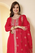 Coral Pink Color Silk Suit Set With Neck Embroidered