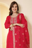Coral Pink Color Silk Suit Set With Neck Embroidered
