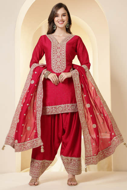 Rani Silk Zari Embroidered Suit With Farsi Salwar