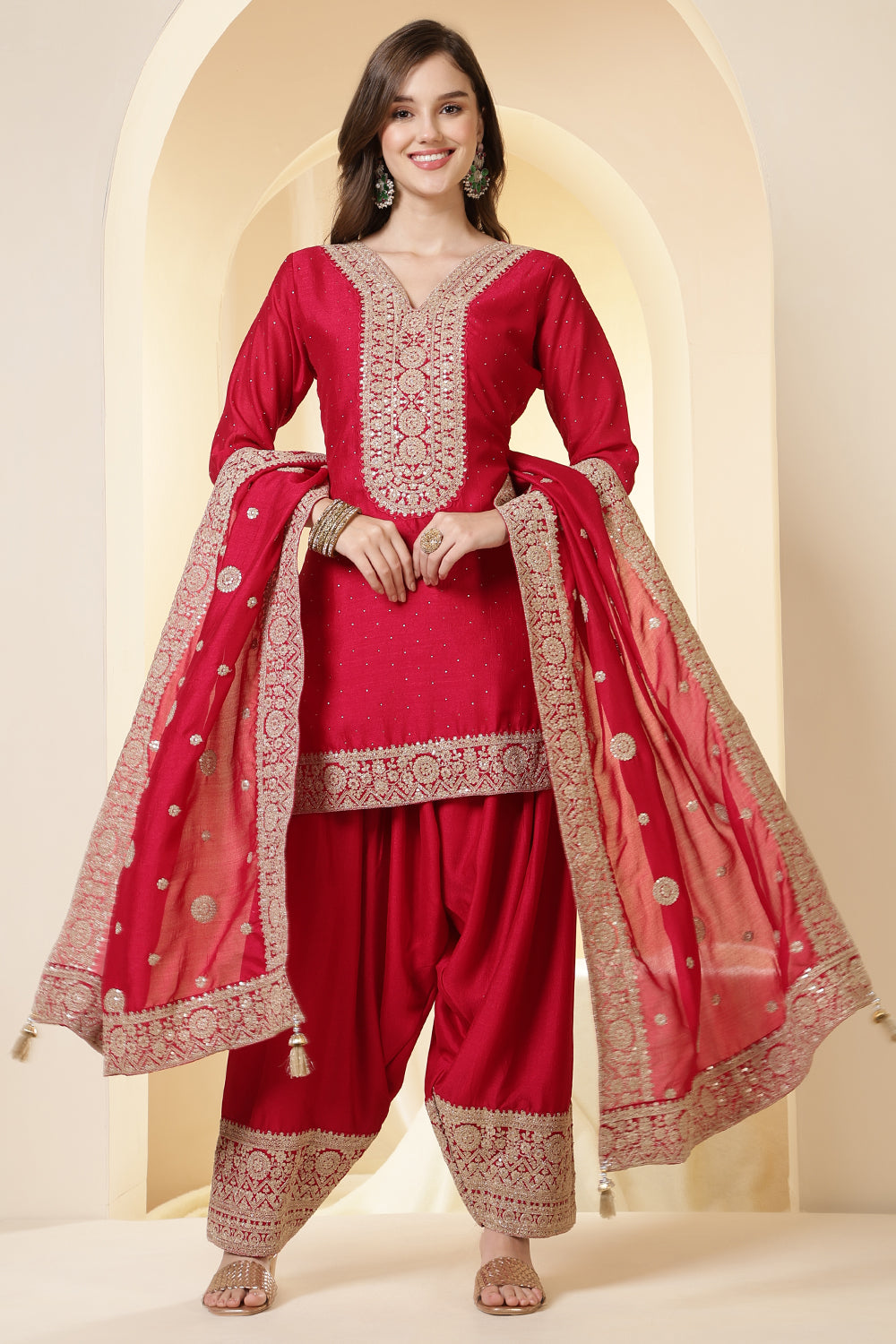Rani Silk Zari Embroidered Suit With Parsi Salwar