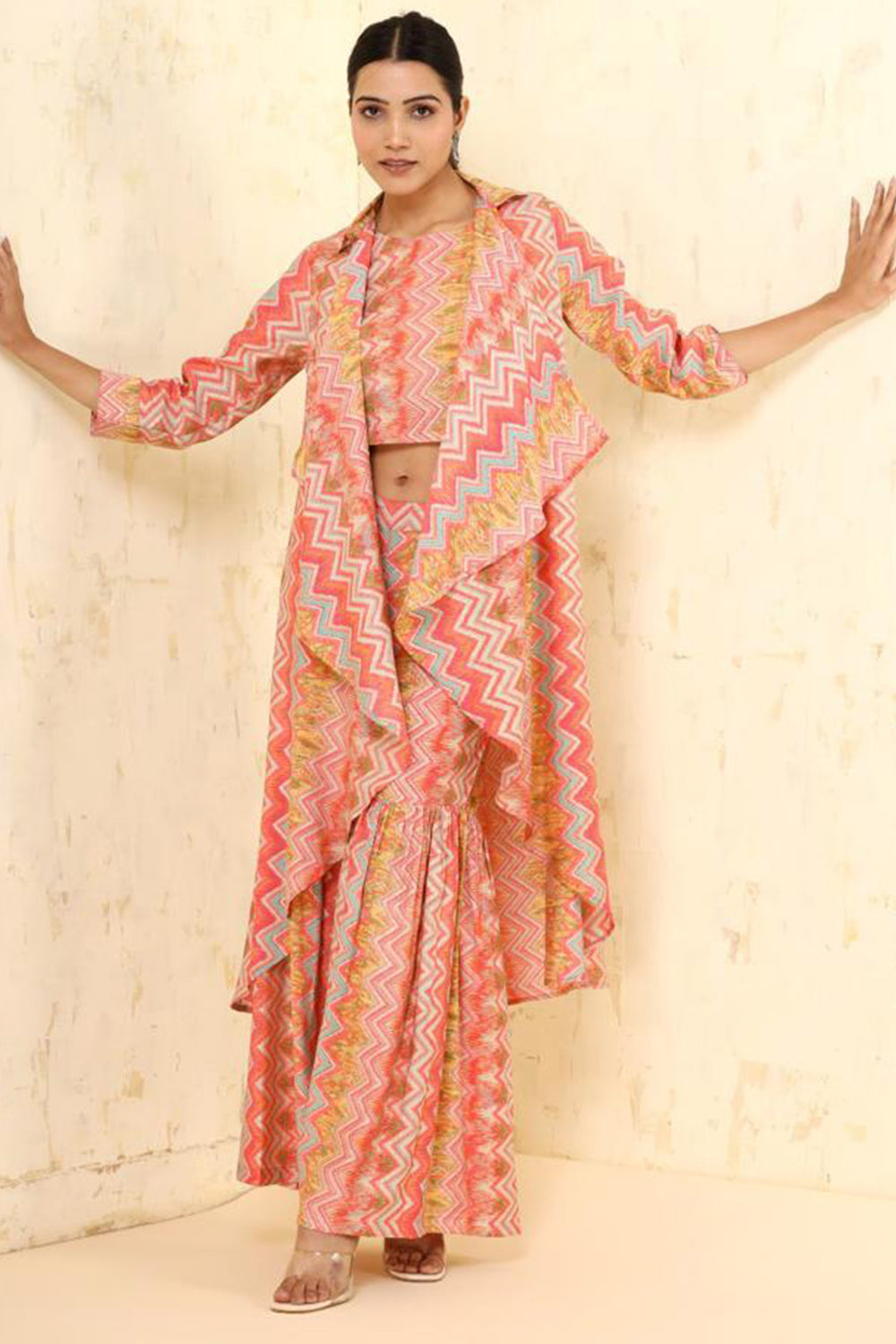 Multi-Colour Muslin Printed Crop-Top Kurta and Gharara Set With Shrugs