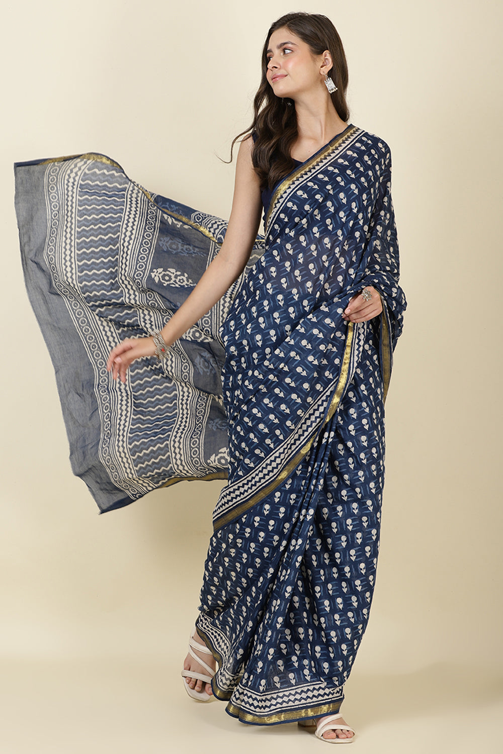 Indigo Blue Block Printed Cotton Saree
