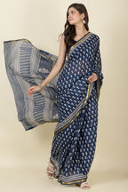 Indigo Blue Block Printed Cotton Saree