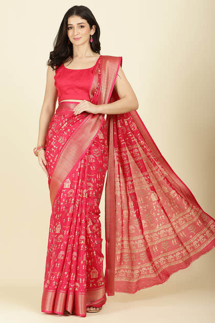 Raspberry Cotton Silk Printed Saree