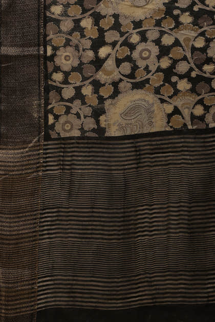 Black Floral Printed & Zari Border Cotton Silk Saree