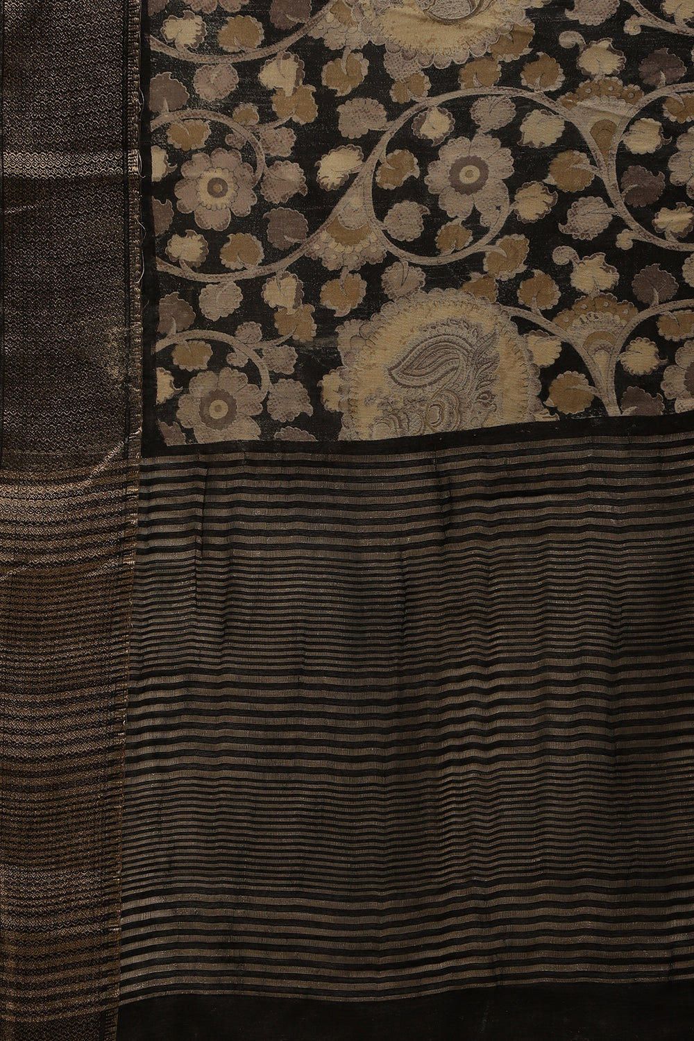 Black Floral Printed & Zari Border Cotton Silk Saree