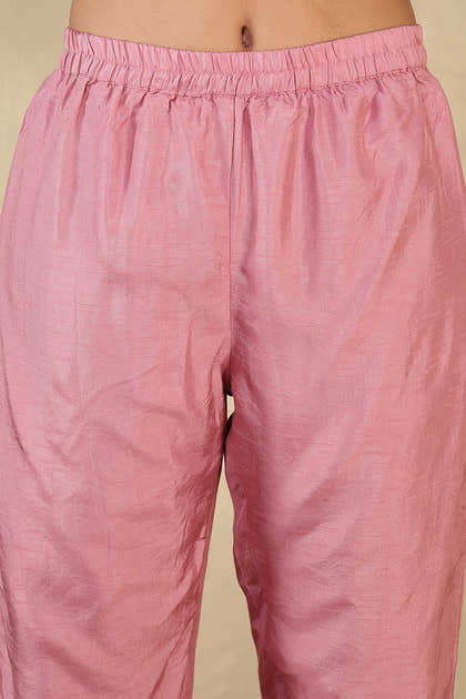 Pink Neck Embroidered Silk Suit