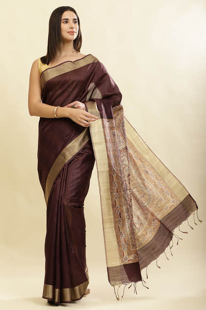 Wine Color Cotton Silk Madhubani Print Saree