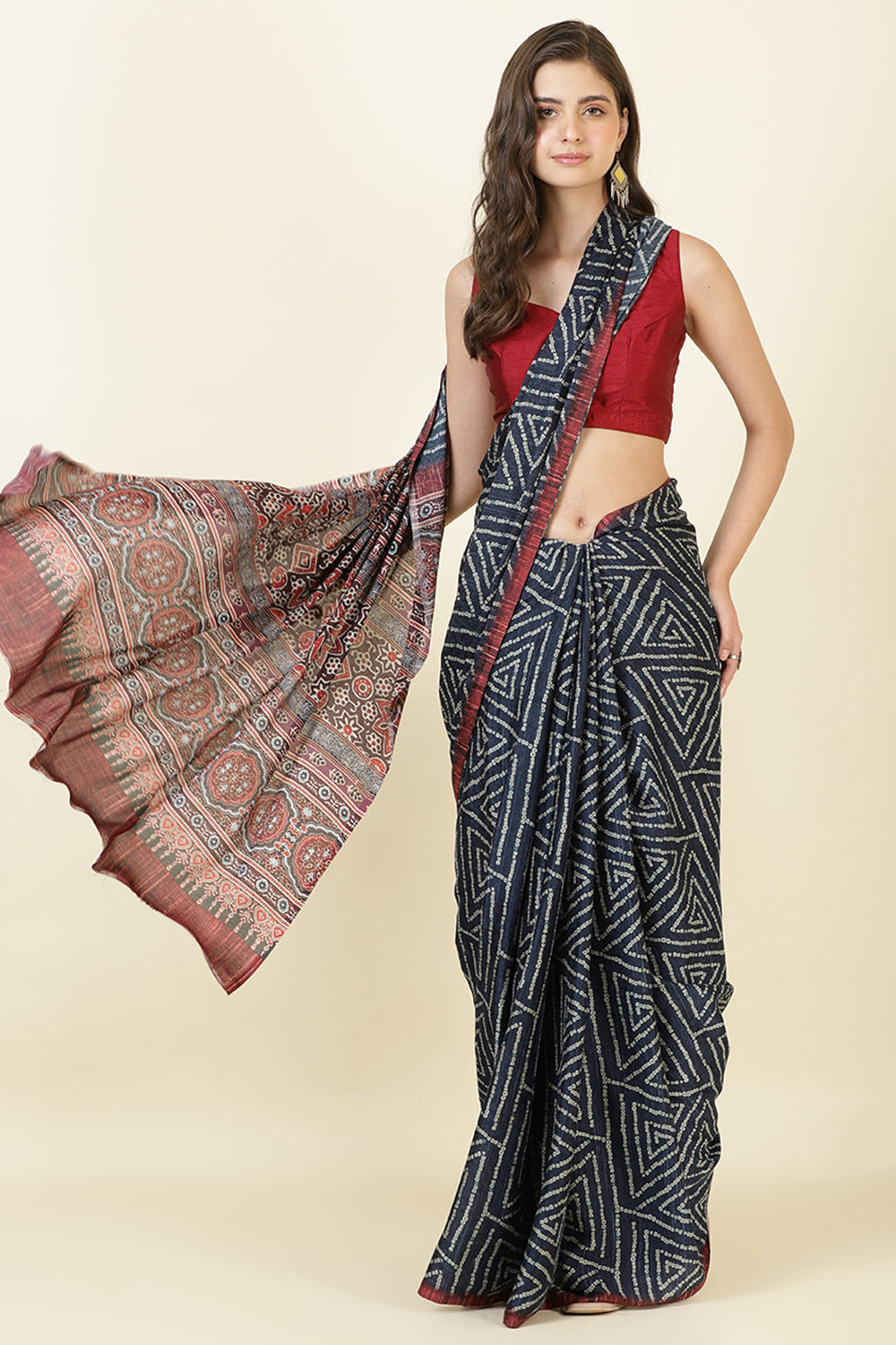 Navy Jacquard Silk Bandhani Printed Saree