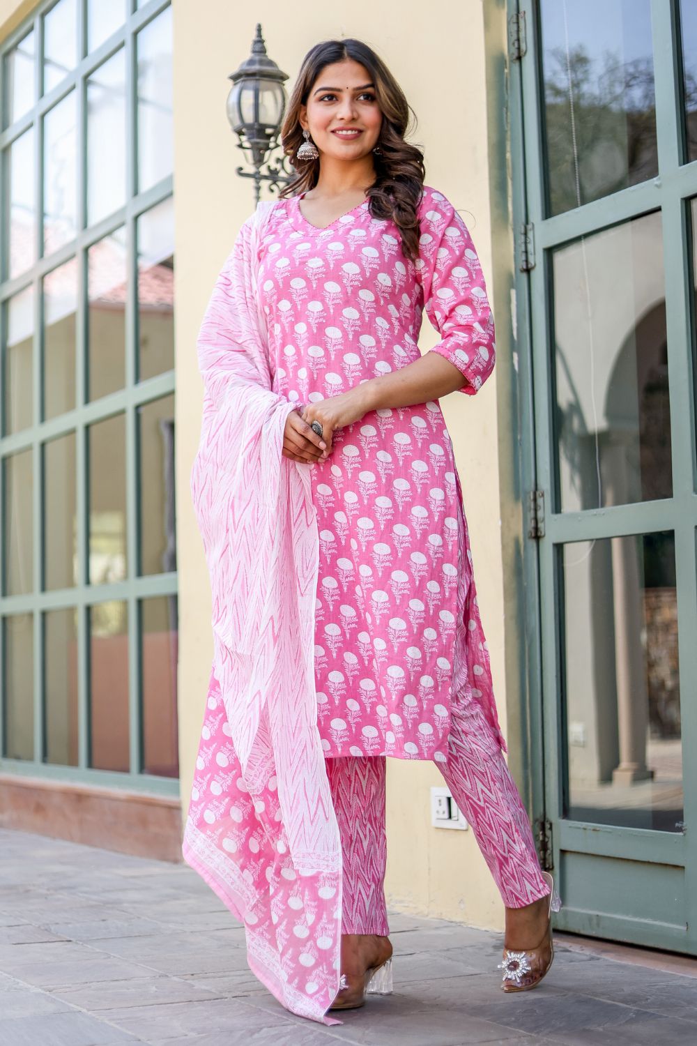 Pink Colour Printed Straight Suit