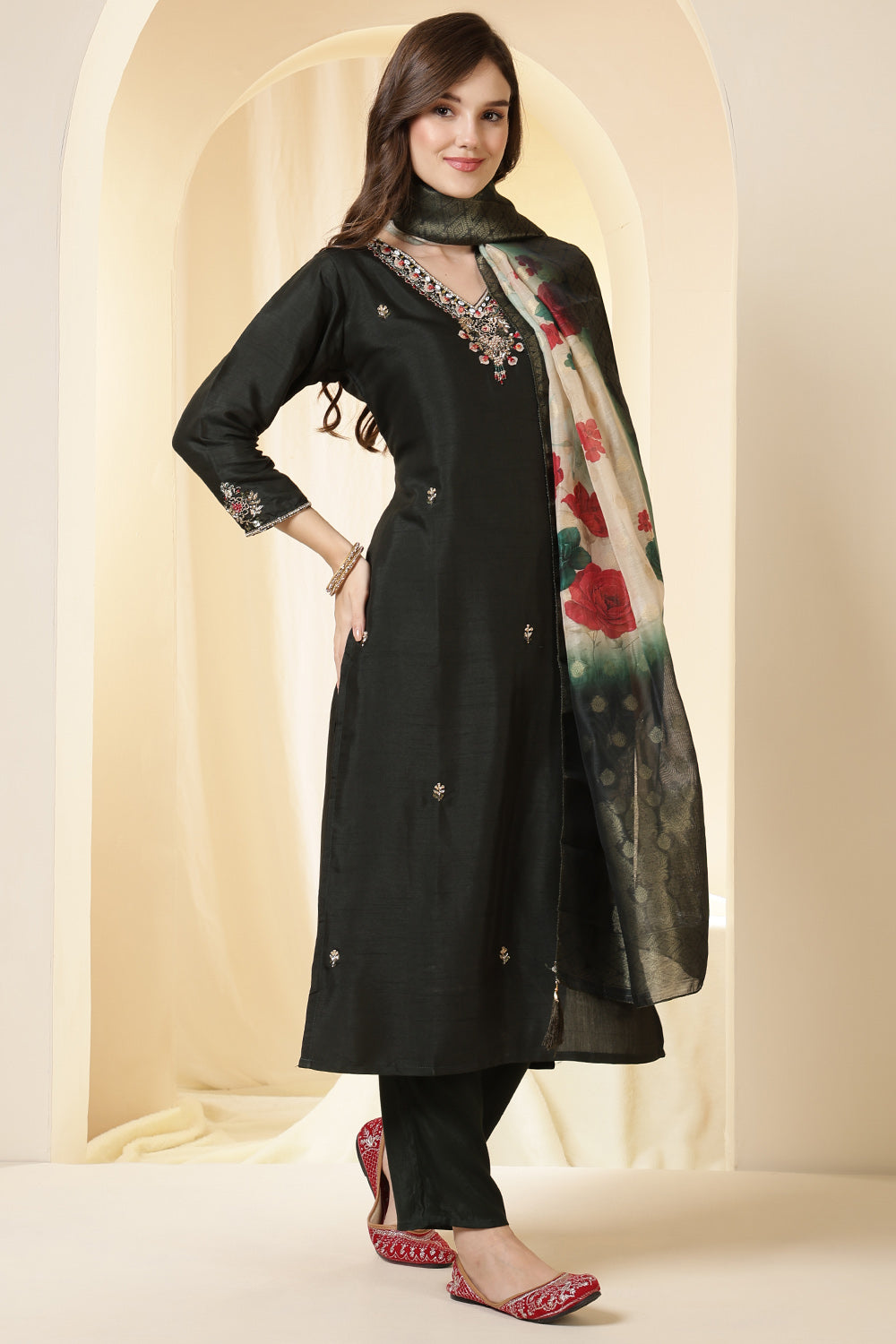 Green Color Silk Suit Set With Neck Embroidered & Floral Printed Dupatta