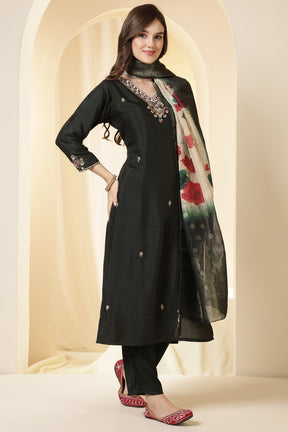 Green Color Silk Suit Set With Neck Embroidered & Floral Printed Dupatta