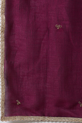 Dark Scarlet Chinone Silk Neck-Embroidered Suit Set