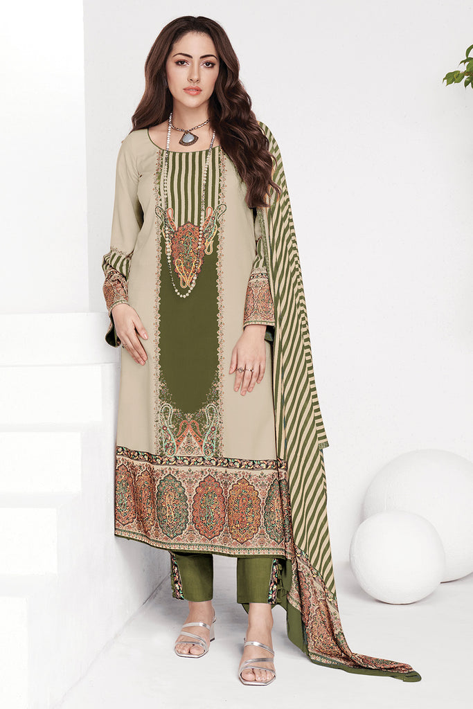 Green & Beige Kashmiri Paisley Printed Unstitched Suits Material