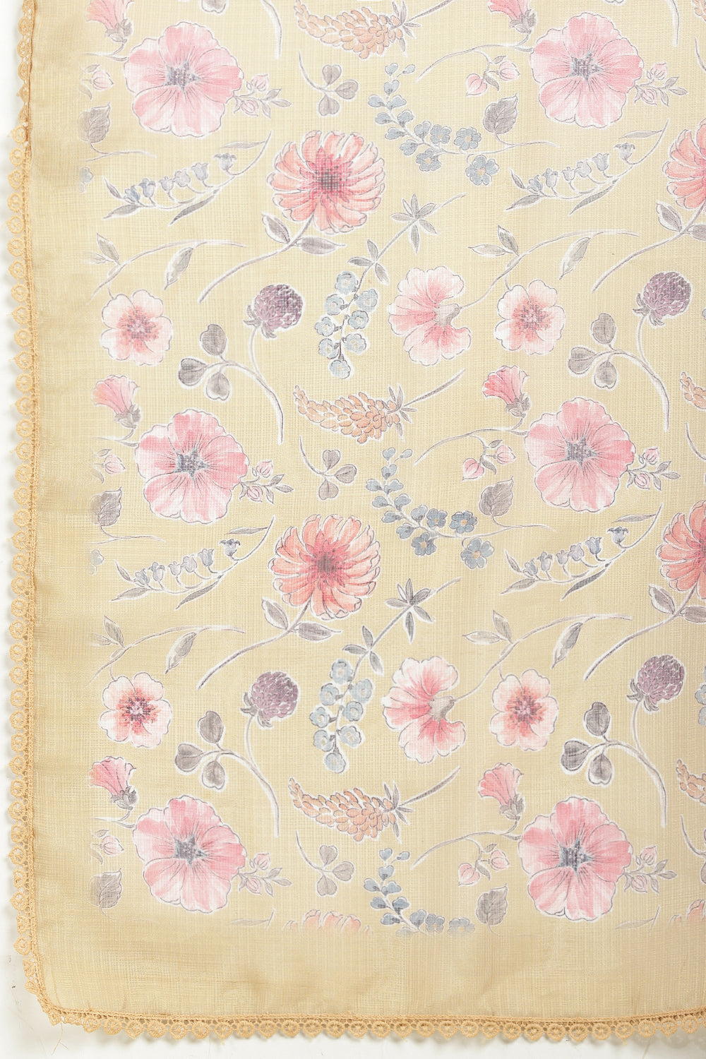 Light Mustard Organza Floral Printed And Lace Work Saree