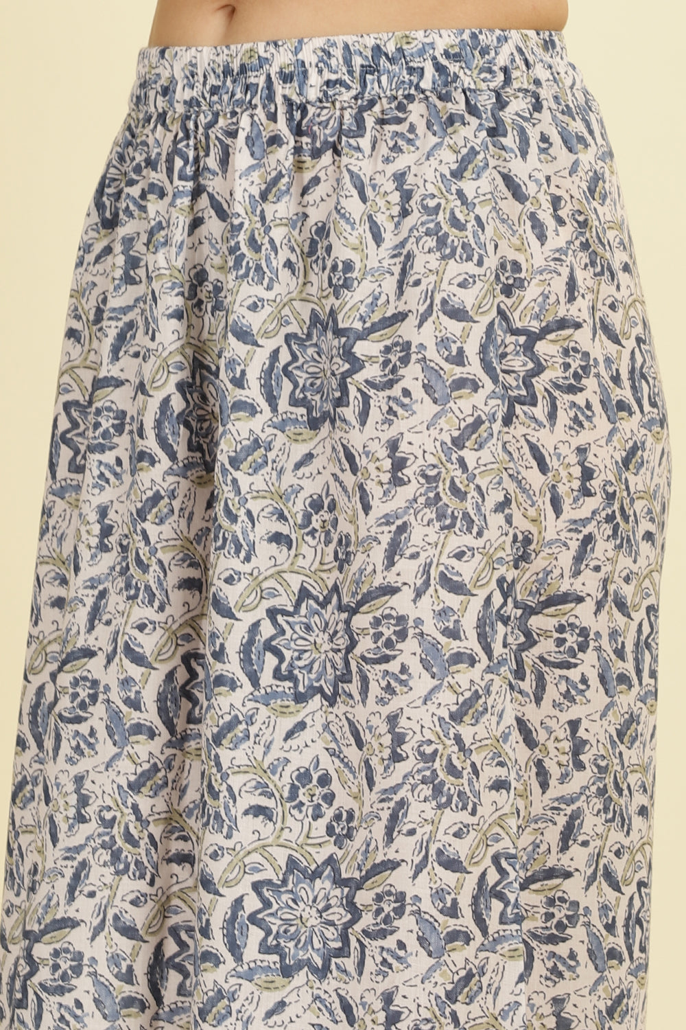 Cream & Blue Cotton Printed Unstitched Suit Material