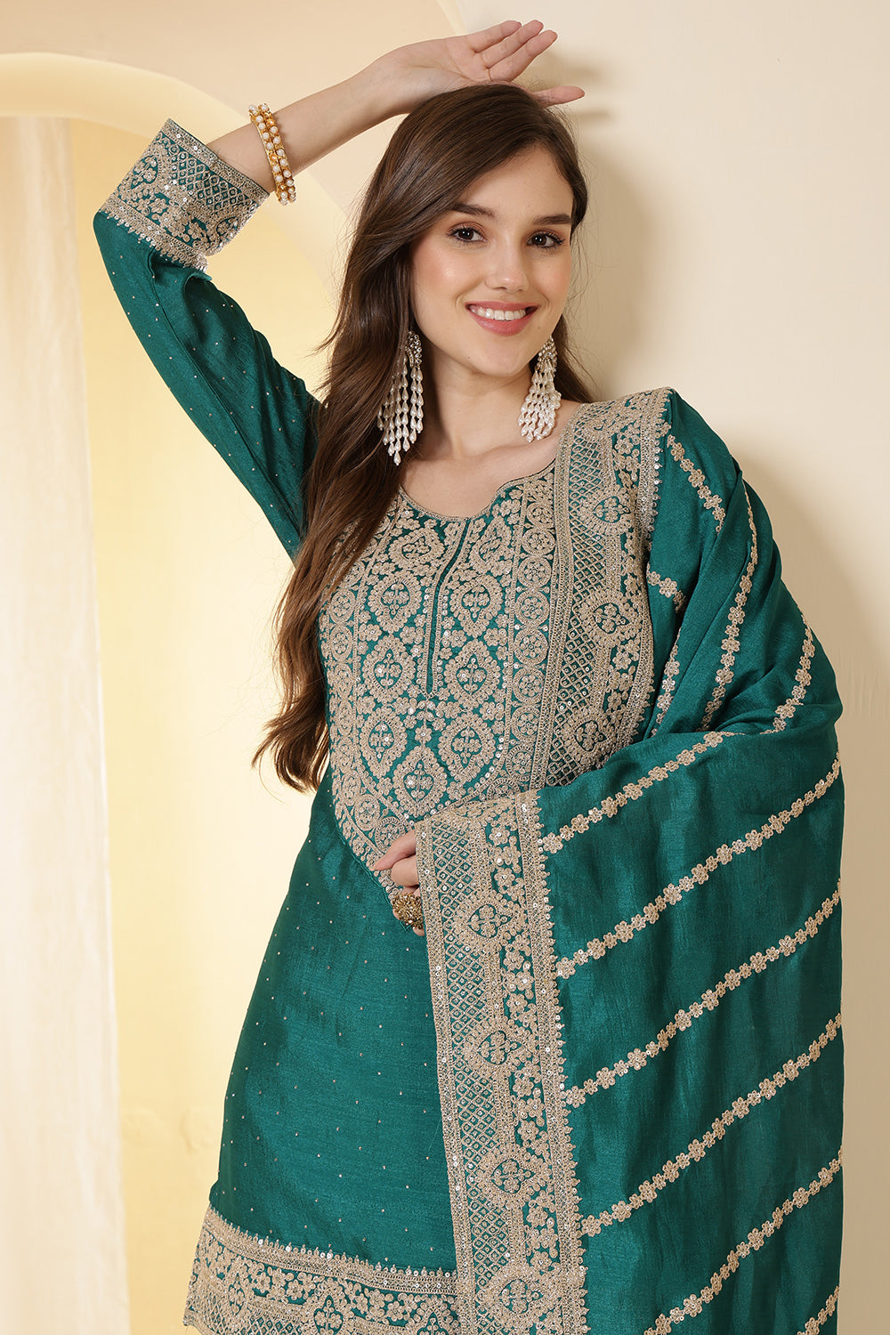 Teal Silk Zari Embroidered Suit With Parsi Salwar