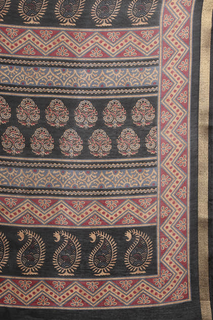 Black Block Printed Cotton Saree