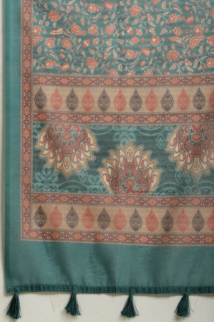 Teal Green Floral Printed Cotton Silk Saree
