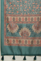 Teal Green Floral Printed Cotton Silk Saree
