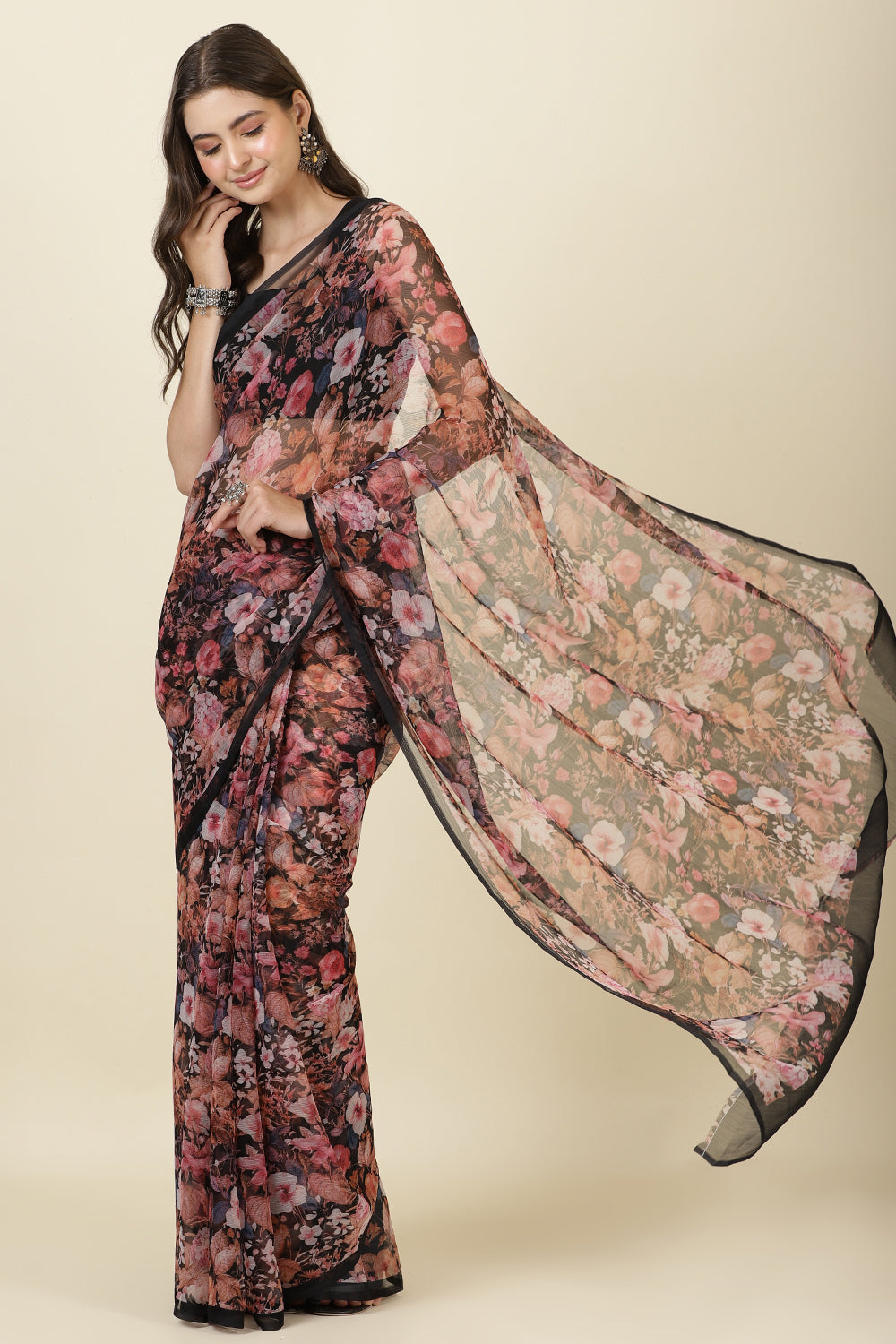 Black Floral Printed Chiffon Saree