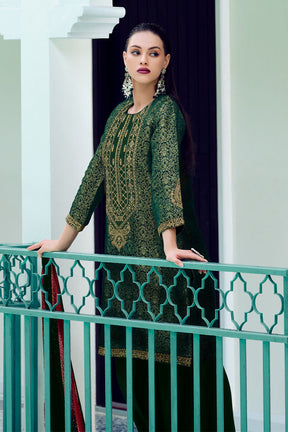 Bottle Green Color Banarasi Brocade Silk Unstitched Suit Material