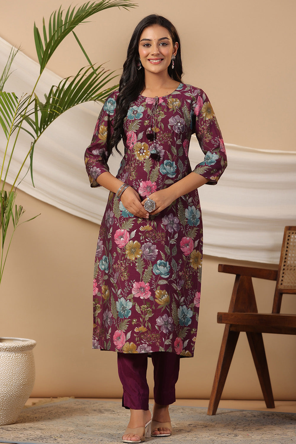 Dark Scarlet Color Cotton Floral Printed Long Kurta Set