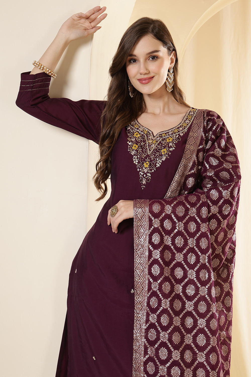 Wine Color Silk Neck Embroidered Suit Set