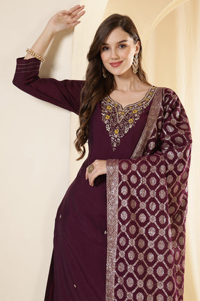 Wine Color Silk Neck Embroidered Suit Set
