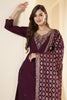 Wine Color Silk Neck Embroidered Suit Set