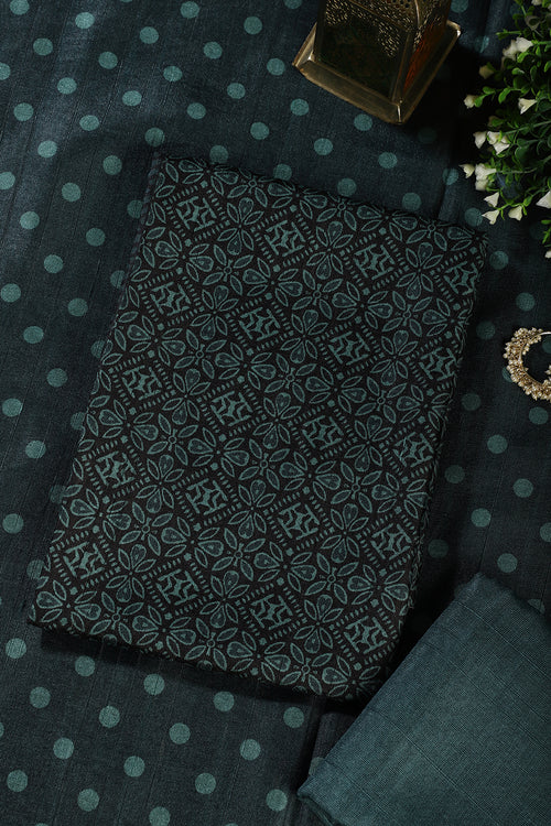 Bottle Green Chanderi Cotton Printed Unstiched Suit Material
