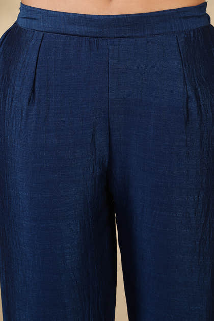 Navy Crepe Silk Neck Embroidered Suit