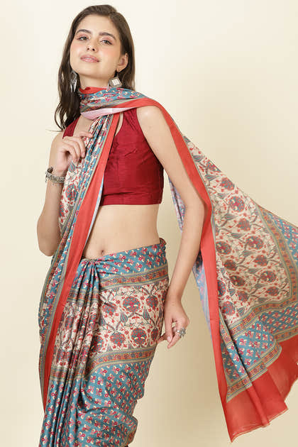 Teal & Beige Crepe Printed Saree