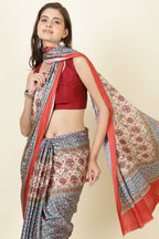 Teal & Beige Crepe Printed Saree