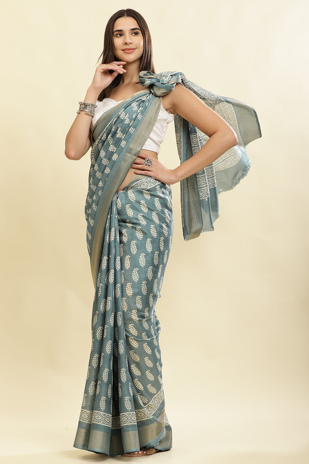 Firozi Color Cotton Silk Boota Printed And Zari Woven Saree