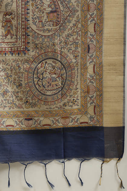 Navy Color Cotton Silk Madhubani Print Saree