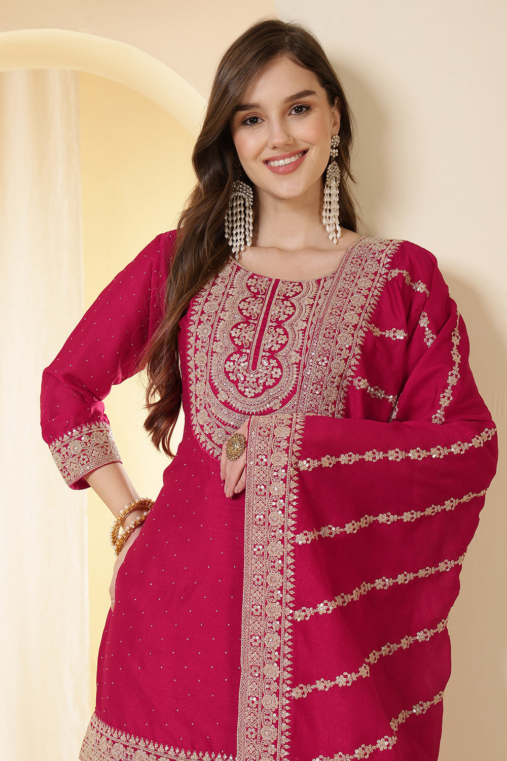 Rani Zari Embroidered Silk Suit With Farsi Salwar