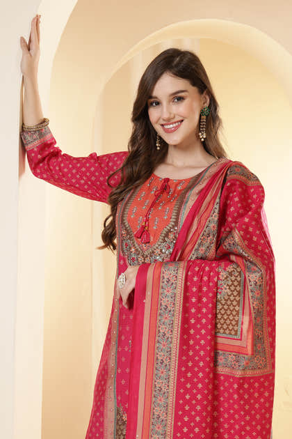 Fushia Pink Color Printed Silk Embroidered Suit Set