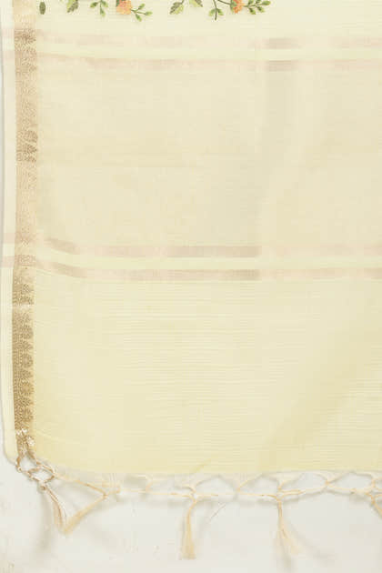 Yellow Kota Cotton Floral Resham Embroidered And Zari Woven Saree