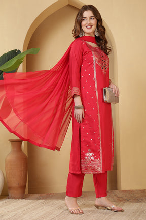 Magenta Pink Cotton Silk Printed & Neck Embroidered Suit