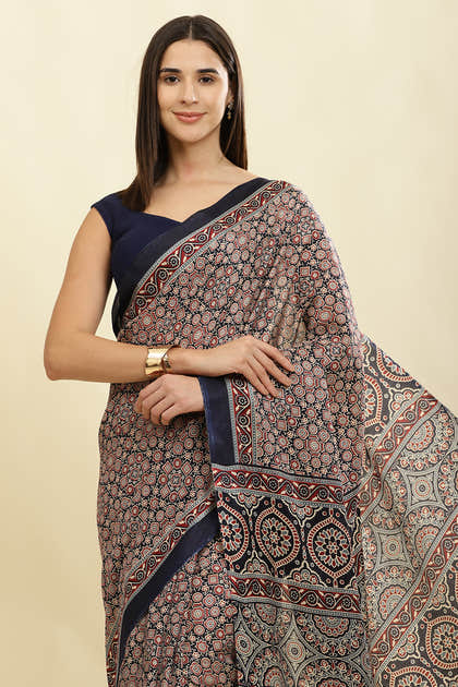 Navy Cotton Silk Ajrakh Block Printed Saree